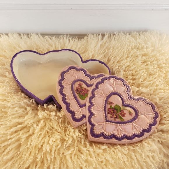 $8 Handmade Ceramic Heart Unicorn Vtg Trinket Jewelry Box Cottage Purple Pink - Picture 5 of 7